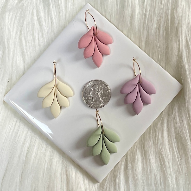Mauve Pink, Ivory, Sage Green, Lavender Polymer Clay Leaf Gold Hoop Earrings