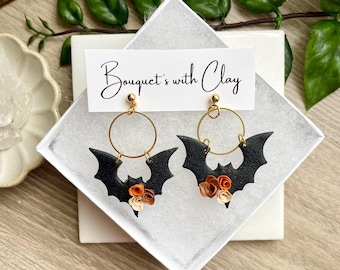 Brincos de Morcego Preto em Argila Polimérica, Joias Witchcore para o Halloween, Acessórios para a Temporada Assustadora