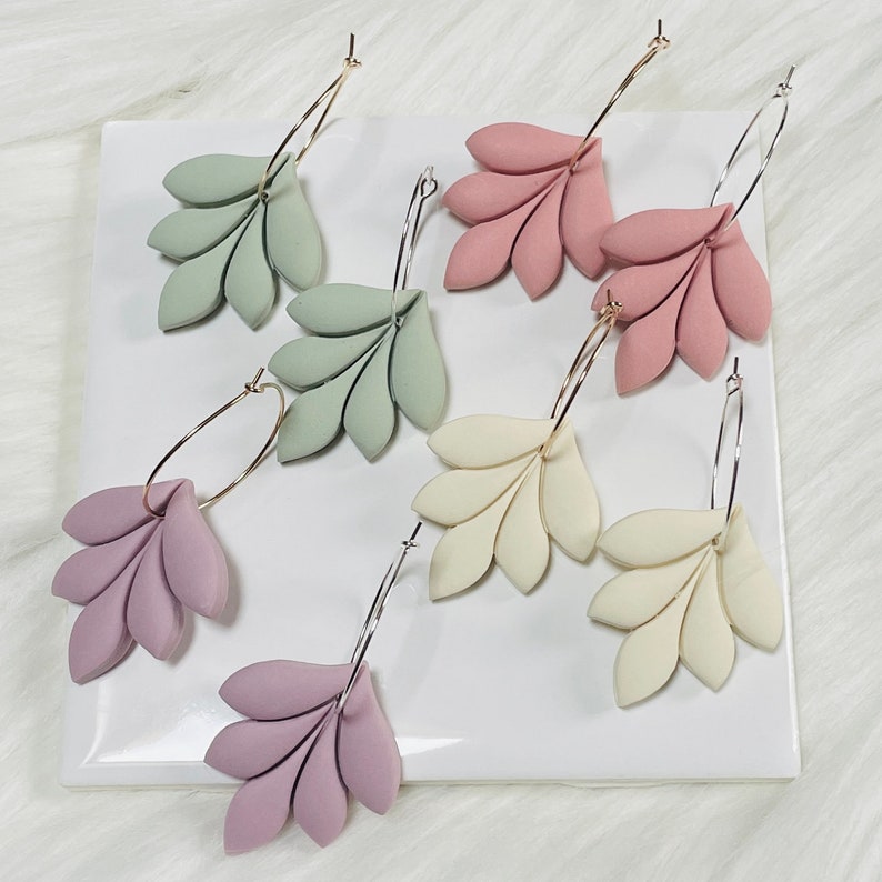 Mauve Pink, Ivory, Sage Green, Lavender Polymer Clay Leaf Gold and Silver Hoop Earrings