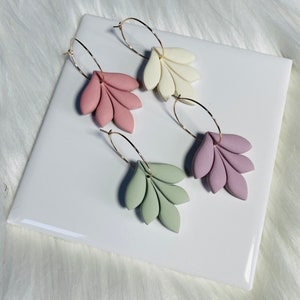 Mauve Pink, Ivory, Sage Green, Lavender Polymer Clay Leaf Gold Hoop Earrings