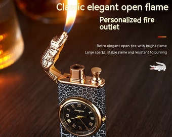 Double Fire Lighter for man With Quartz Watch gift Metal Inflatable Windproof Blue