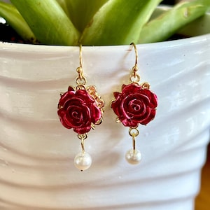 Red Rose and Pearl Dangly Gold Earrings