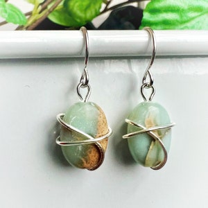 Real Serpentine Gemstone Wire-Wrapped Earrings, Oval
