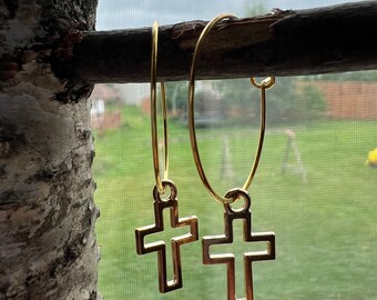 Gold Cross Earrings - Wire Hoop w/ Dangle