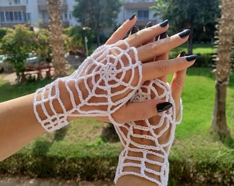 Crochet Lace Spiderweb Fingerless Gloves – Gothic Halloween Costume