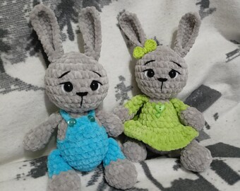 Handmade Crochet Twin Bunny Plushie Set, Amigurumi Toys