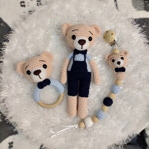 Mr. Bear Handgemaakte Amigurumi Speelgoed, Rammelaar en Fopspeen Clip - 3PCS Newborn Baby Set - Slaapvriend - GRATIS en Express Shipping International
