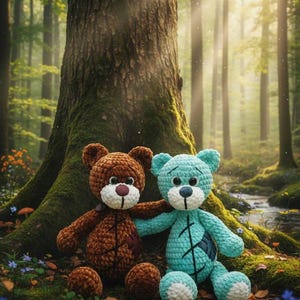 May include: Two crocheted teddy bears sitting side by side. The bear on the left is brown with a white muzzle and a dark brown nose. The bear on the right is light blue with a white muzzle and a dark blue nose. Both have stitched patch details.