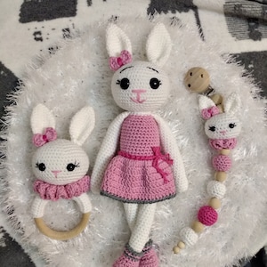 Lady Bunny handgemaakt Amigurumi speelgoed, rammelaar en fopspeenclip - 3PCS pasgeboren babyset - slaapvriend - GRATIS en Express Shipping International