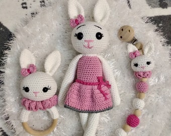 Handmade Bunny Amigurumi Newborn Gift Set, Rattle, Pacifier Clip