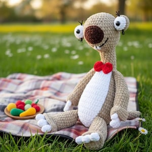 Peut inclure: Une peluche crochetée représentant un paresseux en fil marron clair, avec un ventre blanc, des mains et pieds blancs, un nez marron foncé et un petit nœud papillon rouge. La figurine a de grands yeux écartés avec des pupilles noires et deux dents blanches visibles.