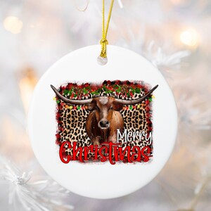 Merry Christmas Bull Skull Ornament, Christmas Bull Skull Leopard Ornament, Bull Skull Gift Ornament, Bull Skull Ornament