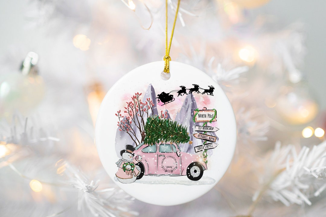 Pink Christmas Ornament, Pink Car Christmas Ornament, Pink Snowmen