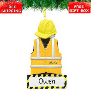 Personalized Construction Worker Christmas Ornament 2025 | Custom Safety Vest & Hard Hat Xmas Ornament | Construction Worker Mechanic Gift