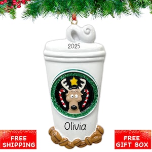 Personalized Coffee Christmas Ornament 2024, Reindeer Cup with Coffee Beans for Xmas Tree, Coffee Lover & Barista Gift, Custom Name Year