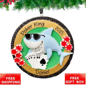 Personalized Poker Shark Christmas Ornament 2024 | Jaws Card Game Royal Flush Custom Ornament | Las Vegas Casino Texas Hold Em Gambling Gift