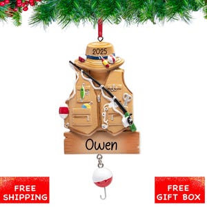 Fishing Ornament 2025 - Personalized Fishing Vest Christmas Ornament with Hook - Fisherman Custom Name Christmas Keepsake Gift