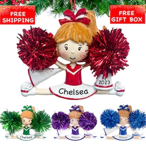 Cheerleader Ornament 2025, Personalized Cheerleader Ornament, Red -Blue -Green-Purple Cheerleader with Pom Poms Christmas Tree Keepsake Gift