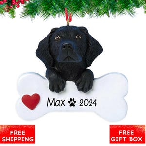 Personalized Black Lab Ornament, Labrador Retriever Dog Christmas Ornament with Customized Bone, Custom Pet Gift for Dog Lovers & Owners