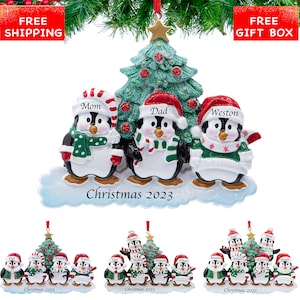 Penguin Family Christmas Ornaments 2024 - Personalized Penguin Family Tree Ornament with Names, Custom Family of 3-4-5-6 Keepsake Xmas Gift