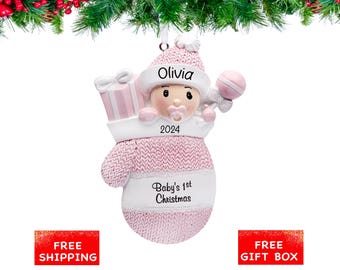 Baby First Ornament, Personalized Baby Girl Christmas Ornament 2026, Custom Baby in Mitten - Newborn Babys 1st Christmas Keepsake Gift