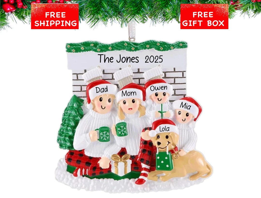 Personalized Fireplace Family of 4 With Dog Christmas Ornament 2025 ...