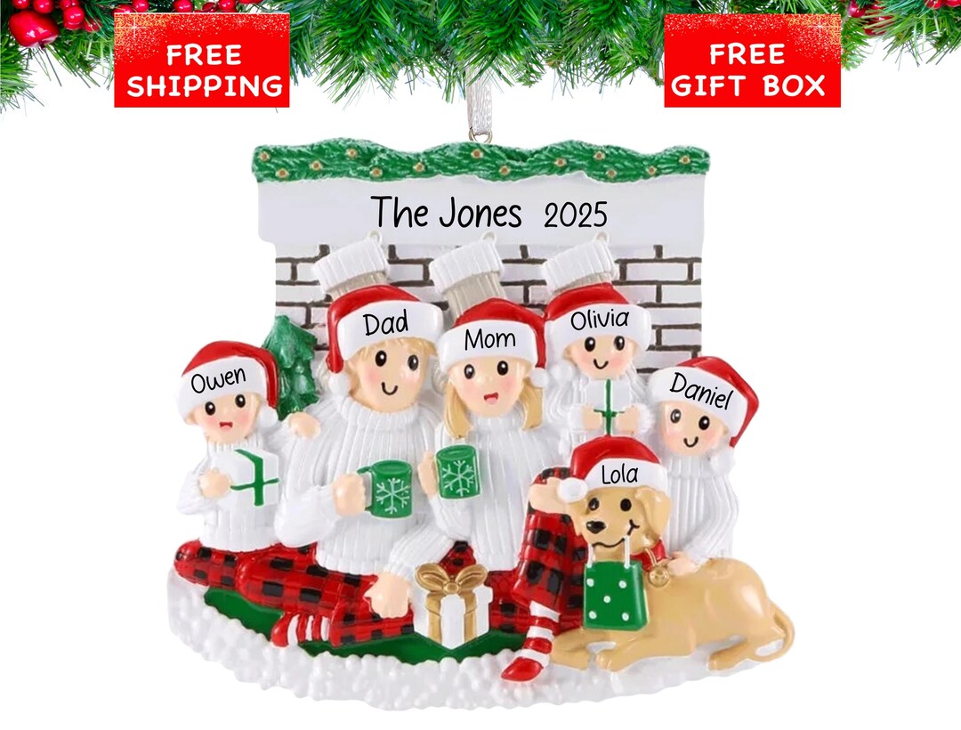 Personalized Fireplace Family of 5 With Dog Christmas Ornament 2025 ...