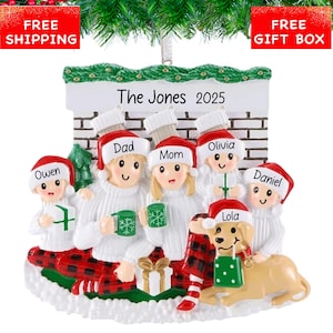 Personalized Fireplace Family of 5 with Dog Christmas Ornament 2025 | Family of Five with New Puppy Ornament - Custom Xmas Tree Gift