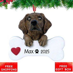 Personalized Chocolate Lab Ornament, Labrador Retriever Dog Christmas Ornament with Customized Bone, Custom Pet Gift for Dog Lovers & Owners
