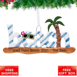 Beach Ornament, Personalized Beach Vacation Christmas Ornament, Palm Tree Keepsake with Name 2024