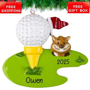 Personalized Golf Christmas Ornament 2025 | Golf Ball Squirrel and Flag Xmas Tree Decoration - Golfer Golf Player Gift | Custom Name & Year