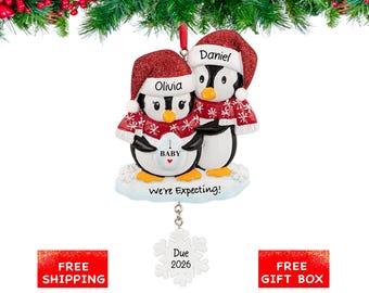 Expecting Parents Ornament, Personalized Pregnant Penguin Christmas Ornament, We are Expecting Ornament, Cute Pregnancy Reveal Keepsake Gift