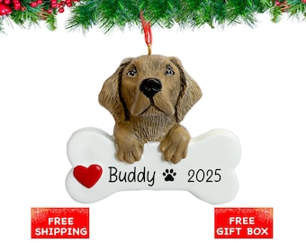 Personalized Yellow Lab Ornament, Labrador Retriever Dog Christmas Ornament with Customized Bone, Custom Pet Gift for Dog Lovers & Owners