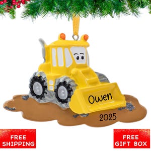 Personalized Bulldozer Christmas Ornament 2026 | Yellow Backhoe, Digger, Kid Construction Vehicle for Xmas Tree | Custom Name & Year