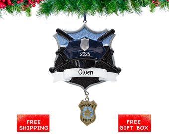Personalized Policeman Christmas Ornament 2025 | Custom Police Shield Badge for Xmas Tree | Gift for Cop Police Officer Academy Graduation