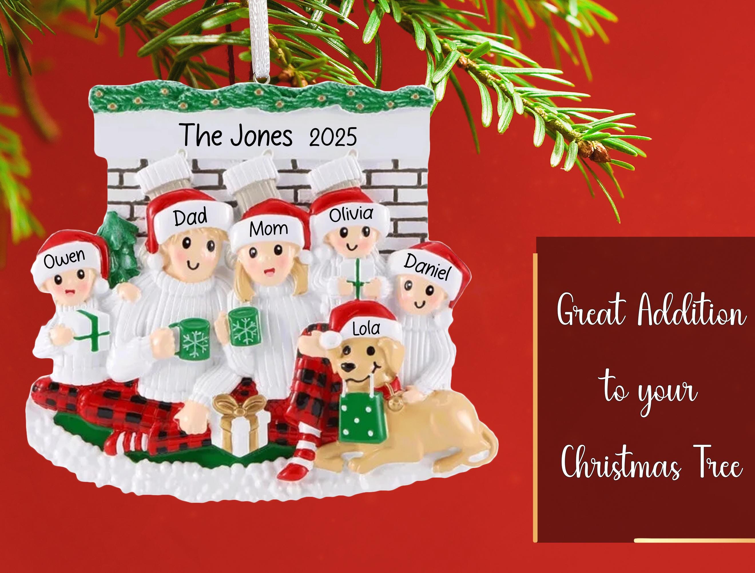 Personalized Fireplace Family of 5 With Dog Christmas Ornament 2025 ...