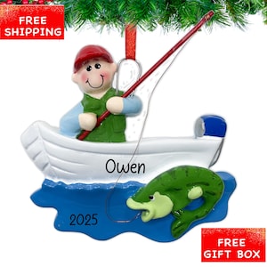 Personalized Fisherman Christmas Ornament 2025 | Gone Fishing, Catching Fish with Rod Decoration for Xmas Tree | Custom Name & Year Gift