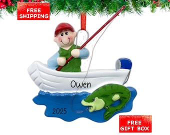 Personalized Fisherman Christmas Ornament 2026 | Gone Fishing, Catching Fish with Rod Decoration for Xmas Tree | Custom Name & Year Gift