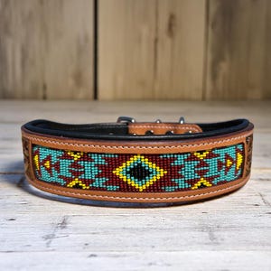 Premium Hand Tooled Western Cowboy Leather Dog Collar - Tooled Leather Hand Beaded - Padded Leather Dog Collar