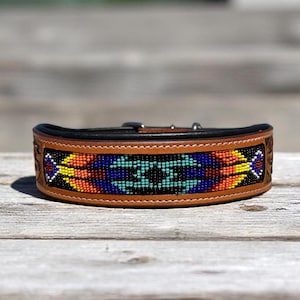 Premium Hand Tooled Western Cowboy Leather Dog Collar - Tooled Leather Hand Beaded - Padded Leather Dog Collar