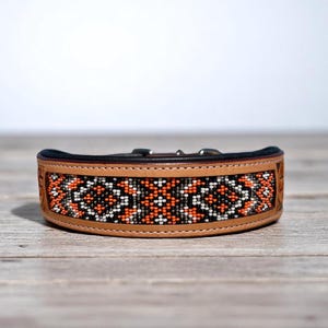 Premium Hand Tooled Western Cowboy Leather Dog Collar - Tooled Leather Hand Beaded Black and Orange - Padded Leather Dog Collar