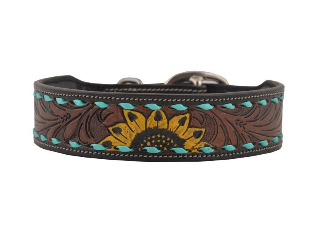Western Cowboy Leather Dog Collar Tooled Leather Teal Turquoise Stitching Buck Stitch Padded