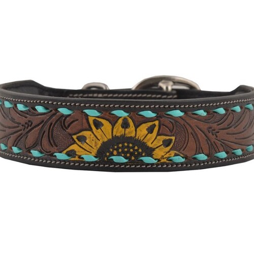 Western Cowboy Leather Dog Collar Tooled Leather Teal Etsy