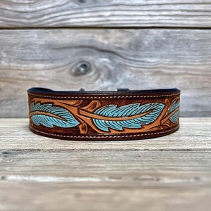 Premium Hand Tooled Western Cowboy Leather Dog Collar - Tooled Leather Teal Turquoise Blue Feather - Padded Leather Dog Collar