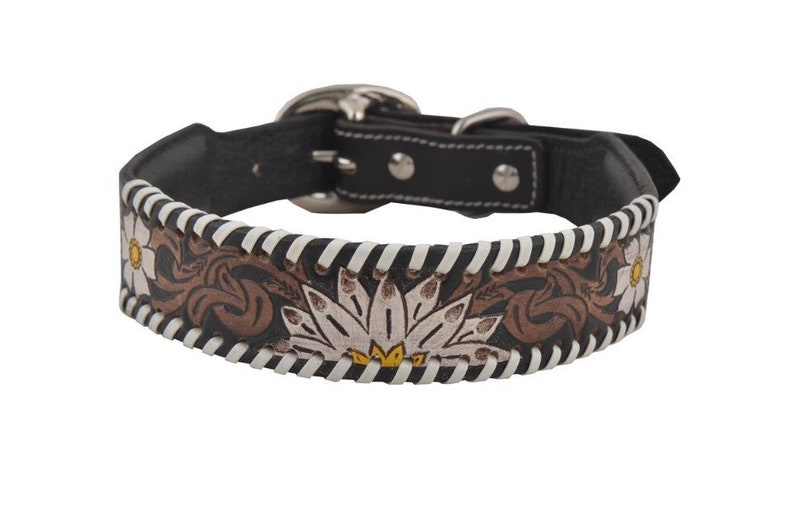 Western Cowboy Leather Dog Collar Tooled Leather Daisy White Stitching
