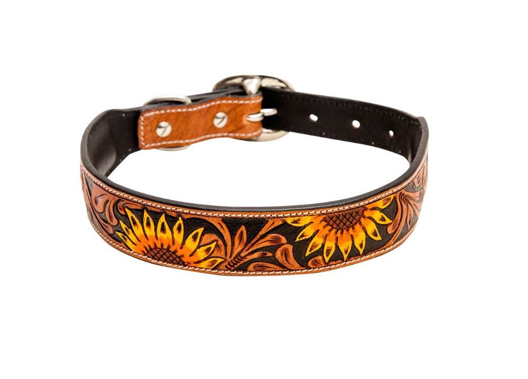 Western Cowboy Leather Dog Collar Tooled Leather Floral Sunflower