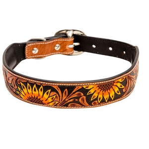 Western Cowboy Leather Dog Collar - Tooled Leather Floral Sunflower - Padded Leather Dog Collar