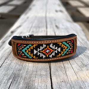 Premium Hand Tooled Western Cowboy Hand Beaded Leather Dog Collar - Tooled Leather Navajo Beaded - Padded Leather Dog Collar