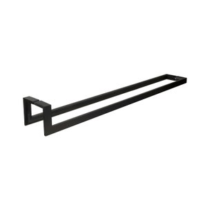 May include: Black double towel bar with square ends. The towel bar is made of metal and has a sleek, modern design.