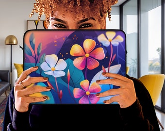 Housse pour ordinateur portable avec fleurs éclatantes, étui pour tablette néon rétro, floraison printanière, étui de voyage moderne avec art floral abstrait, cadeau éclatant pour maman.